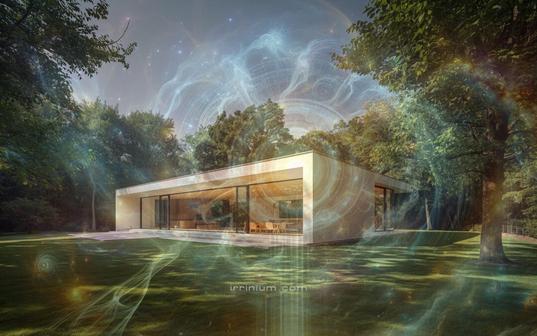 Maison contemporaine entourée d’arbres, traversée par des flux énergétiques lumineux, illustrant l’architecture vibratoire.