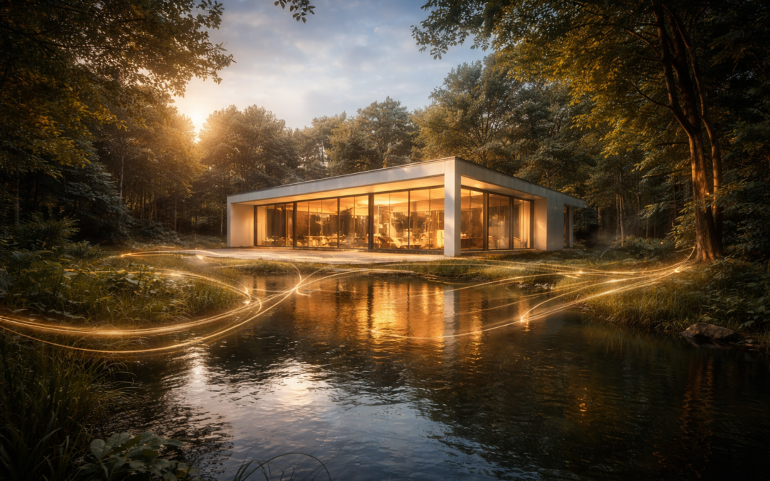 Maison contemporaine intégrée dans un paysage naturel au bord de l’eau, illustrant l’harmonie entre architecture, environnement et qualité énergétique des lieux.