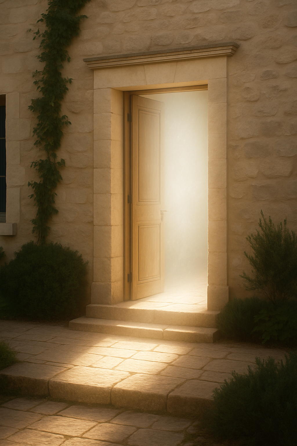 Entrée baignée d’une lumière pure Façade en pierre avec une porte entrouverte laissant rayonner une lumière blanche douce et sacrée.