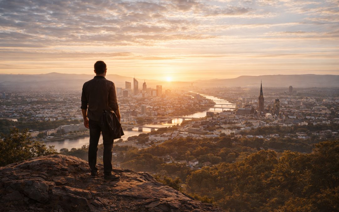 Homme observant une ville au lever du soleil depuis un promontoire, symbole de vision stratégique et de transformation.