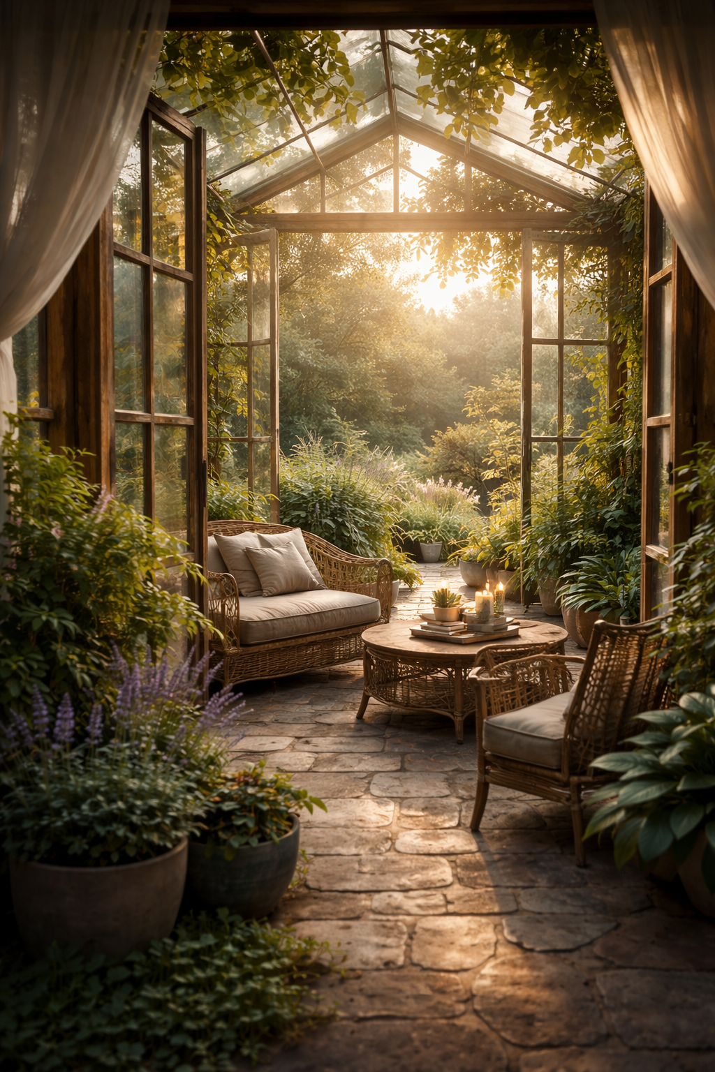 Espace de vie ouvert sur le jardin, baigné de lumière naturelle, symbole d’harmonie et d’alignement du lieu.