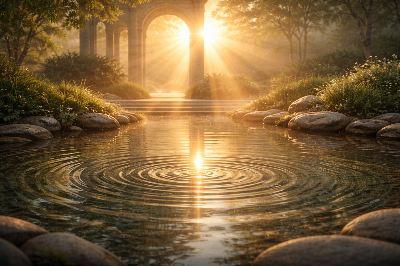 Surface d’eau calme traversée par des ondes concentriques, éclairée par une lumière douce au seuil d’une arche de pierre.