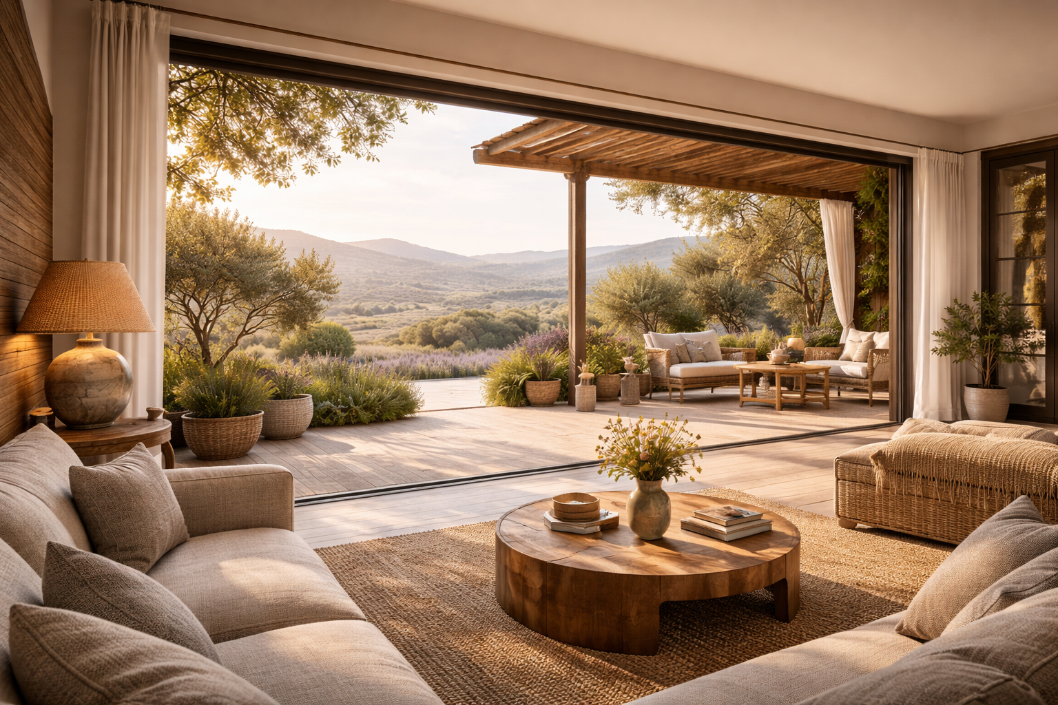 Espace de vie lumineux ouvert sur un paysage provençal, incarnant l’harmonie entre habitat, nature et art de vivre.