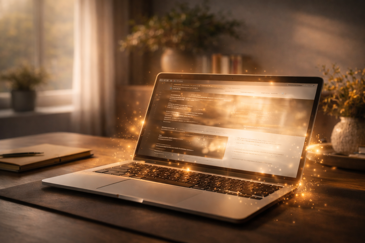 Espace de travail lumineux avec un ordinateur portable diffusant une lumière éthérée, symbole d’une création web harmonisée et alignée.