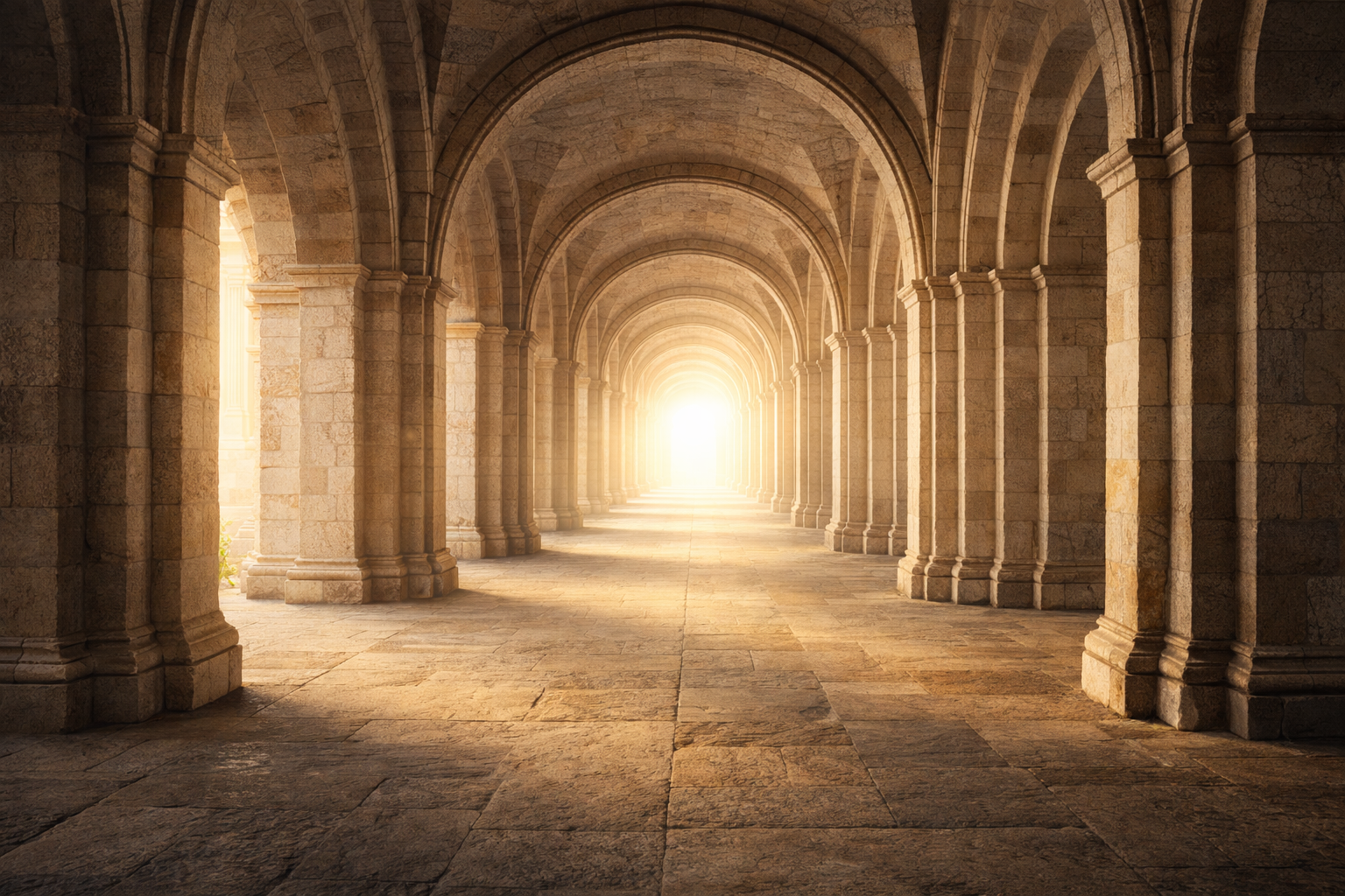 Architecture minérale traversée par une lumière douce, révélant des lignes claires, stables et équilibrées.