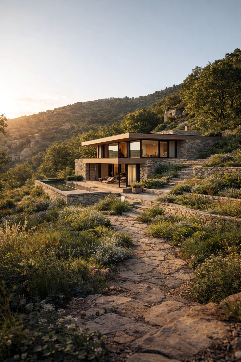 Villa contemporaine à toiture terrasse, intégrée dans un environnement naturel boisé, associant pierre, bois et grandes ouvertures sur le paysage.