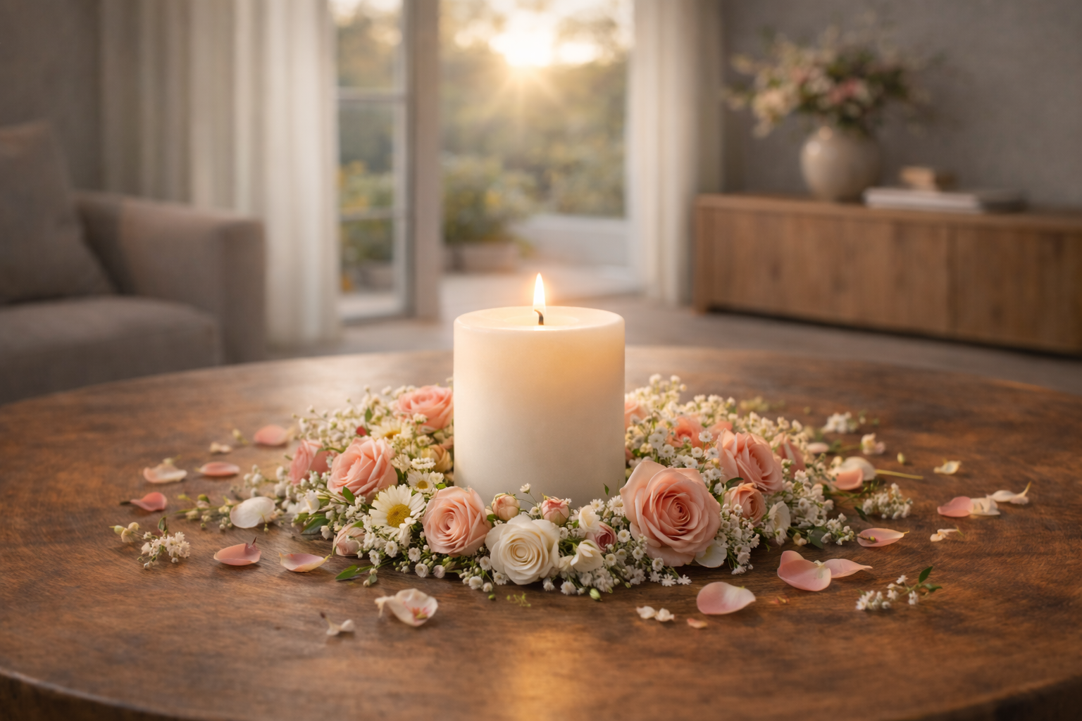 Bougie blanche premium entourée de fleurs délicates dans un intérieur lumineux et apaisant