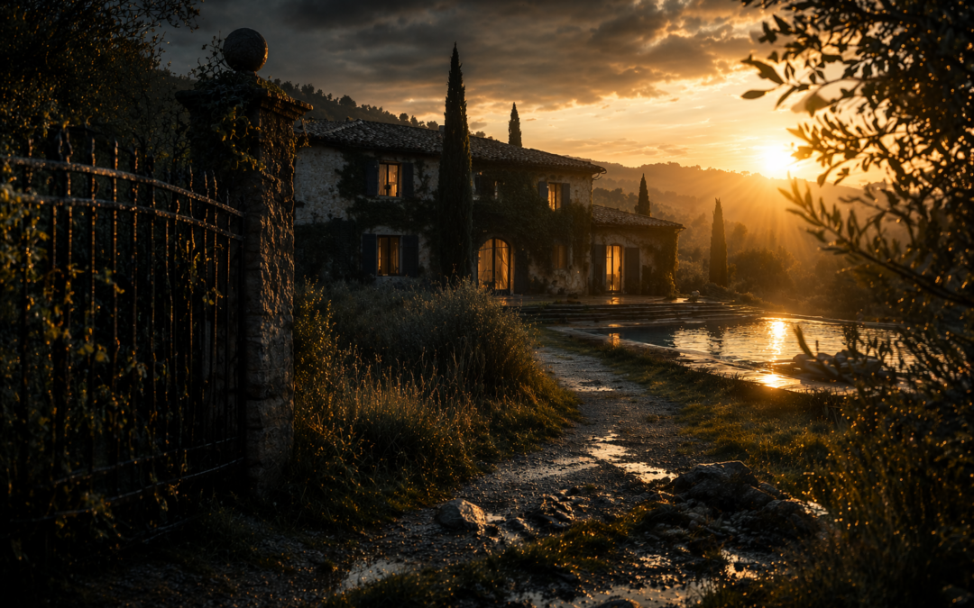 Maison en pierre au coucher du soleil avec lumière dorée et atmosphère contrastée, évoquant un lieu à la fois attirant et retenu