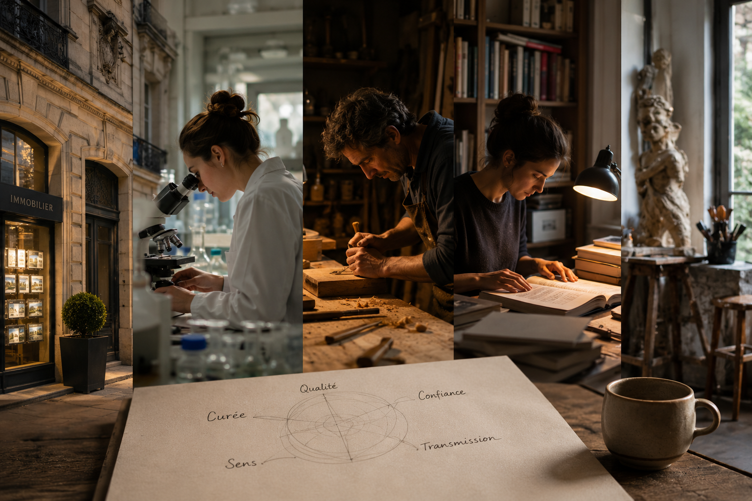 Montage photographique réaliste montrant plusieurs activités complémentaires — immobilier, recherche, artisanat, édition et création — reliées par une même exigence de qualité et de cohérence.